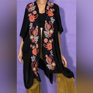 Floral Embroidered Black Kimono